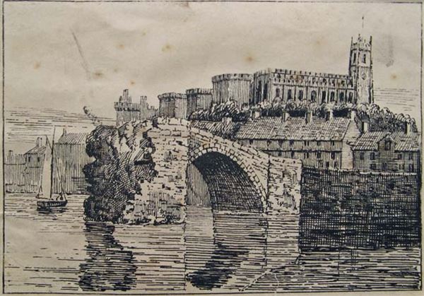 This black and white engraving focuses on the single remaining stone arch of the bridge, which is attached to the quayside by a solid stone wall. The arch and broken end of the bridge are reflected clearly in the high water of the river. A small boat is sailing past on the left. A row of buildings lines the road behind the bridge, with the castle and church on top of the hill beyond. 